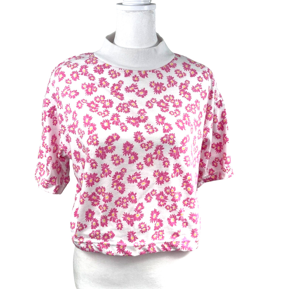 VTG 80s Pink Floral Cropped T-Shirt Sz L Coquette Boho Mock Neck Single Stitch
